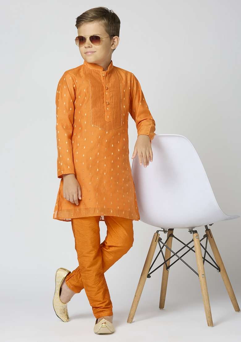 Orange Butta Work Art Silk Kurta Set For Boy - Indya