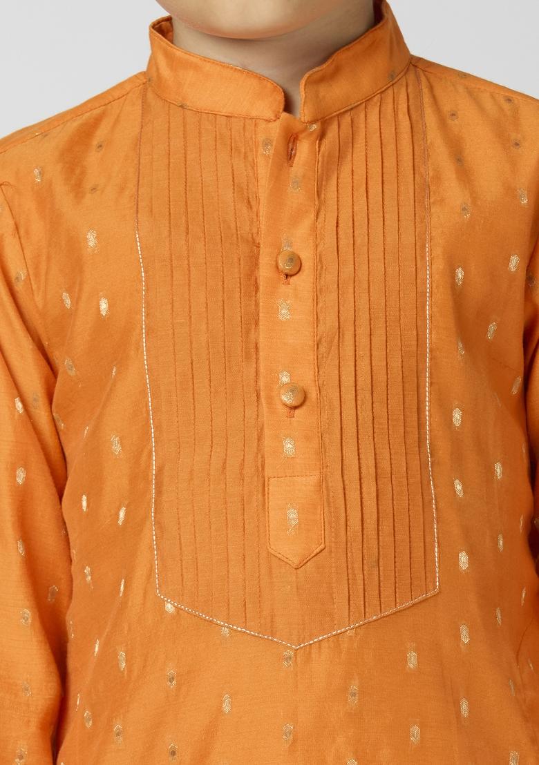 Orange Butta Work Art Silk Kurta Set For Boy