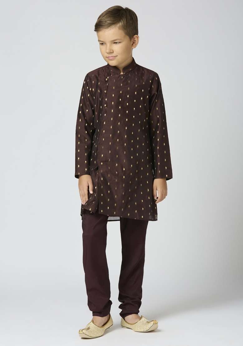 Brown Butta Work Art Silk Kurta Set For Boy - Indya