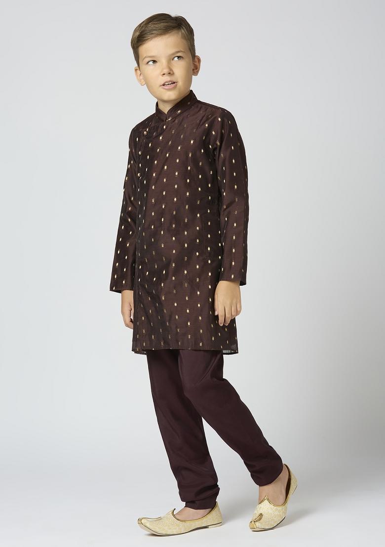 Brown Butta Work Art Silk Kurta Set For Boy