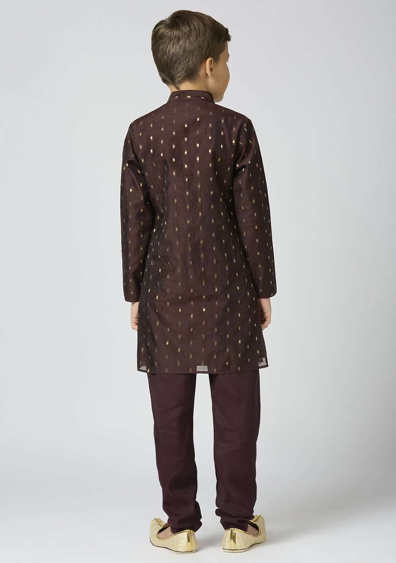 Brown Butta Work Art Silk Kurta Set For Boy - Indya