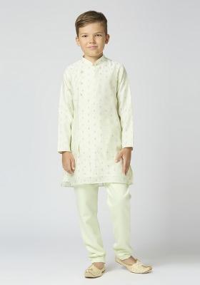 Pista Green Butta Work Art Silk Kurta Set For Boy