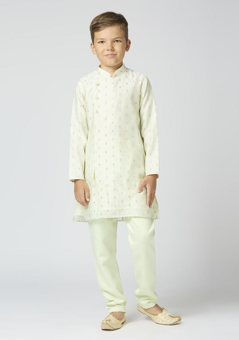 Pista Green Butta Work Art Silk Kurta Set For Boy
