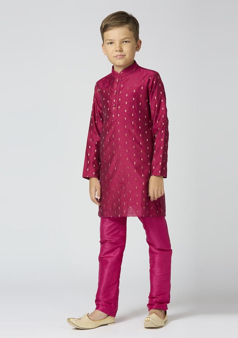 Purple Butta Work Art Silk Kurta Set For Boy