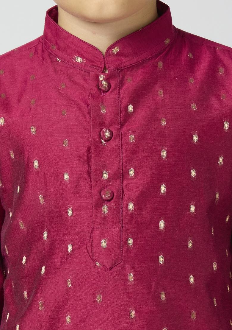 Purple Butta Work Art Silk Kurta Set For Boy