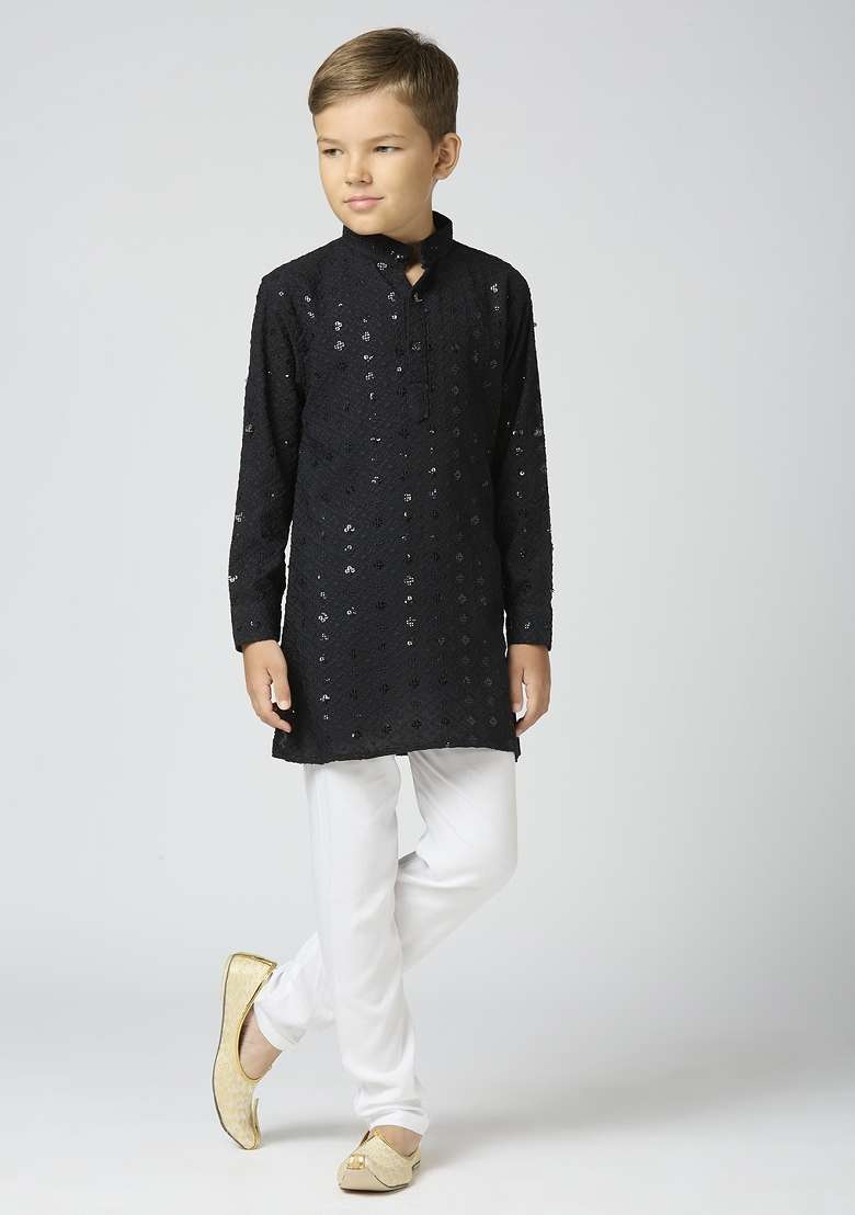 Black Embroidered Poly Cotton Kurta Set For Boy - Indya
