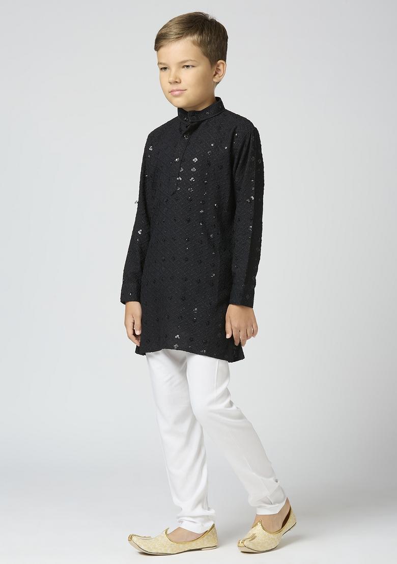 Black Embroidered Poly Cotton Kurta Set For Boy
