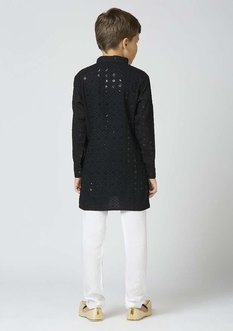 Black Embroidered Poly Cotton Kurta Set For Boy - Indya