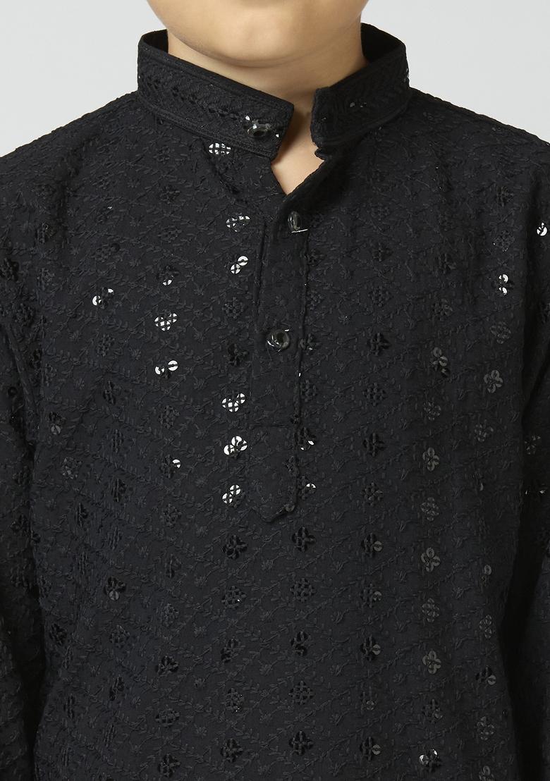 Black Embroidered Poly Cotton Kurta Set For Boy