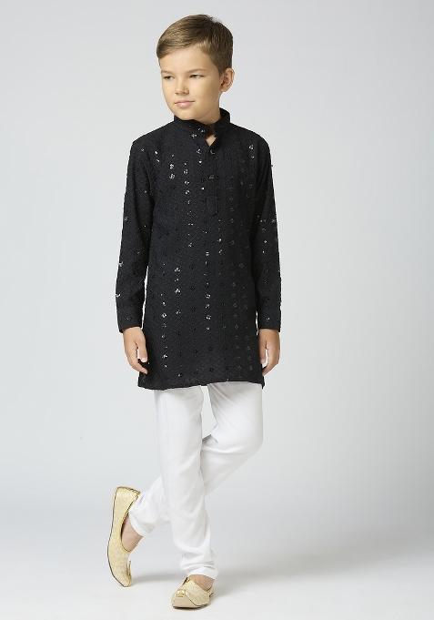 Black Embroidered Poly Cotton Kurta Set For Boy