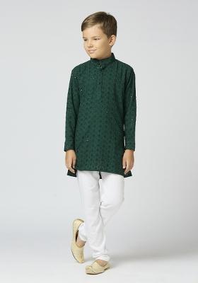 Bottle Green Embroidered Poly Cotton Kurta Set For Boy