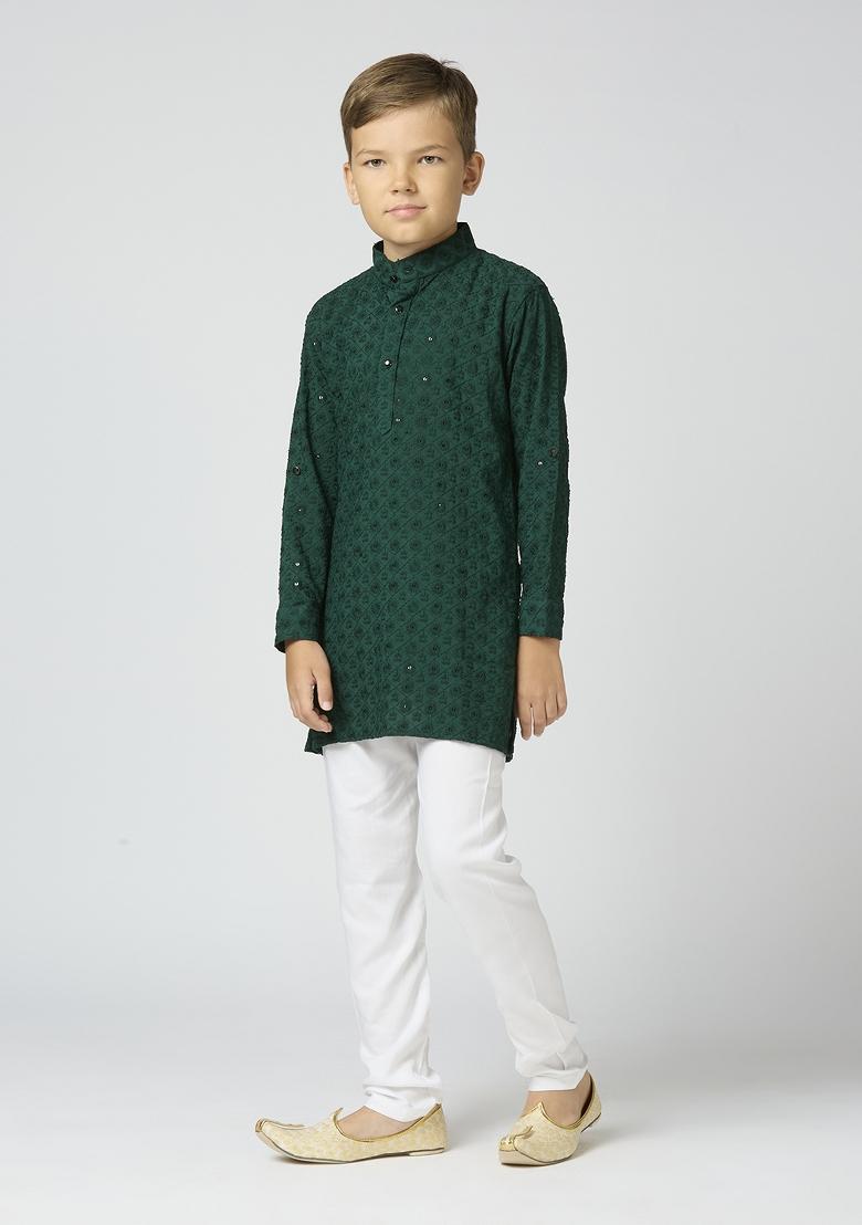 Bottle Green Embroidered Poly Cotton Kurta Set For Boy