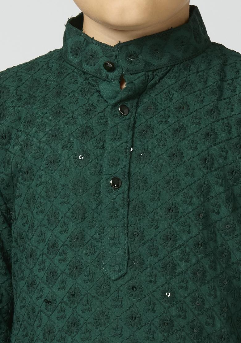 Bottle Green Embroidered Poly Cotton Kurta Set For Boy