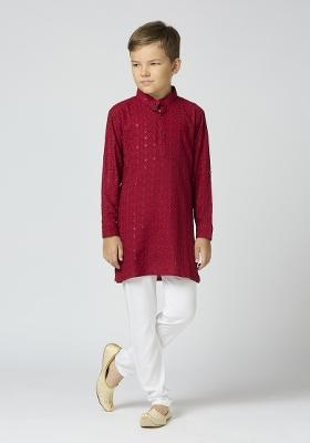 Maroon Embroidered Poly Cotton Kurta Set For Boy