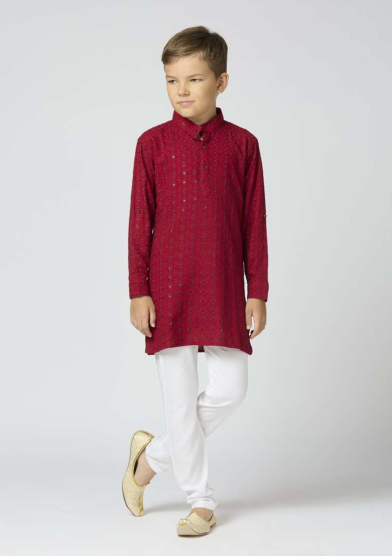 Maroon Embroidered Poly Cotton Kurta Set For Boy - Indya