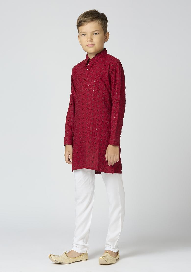 Maroon Embroidered Poly Cotton Kurta Set For Boy