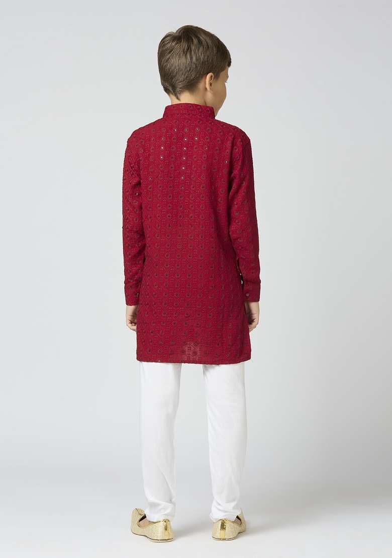 Maroon Embroidered Poly Cotton Kurta Set For Boy - Indya