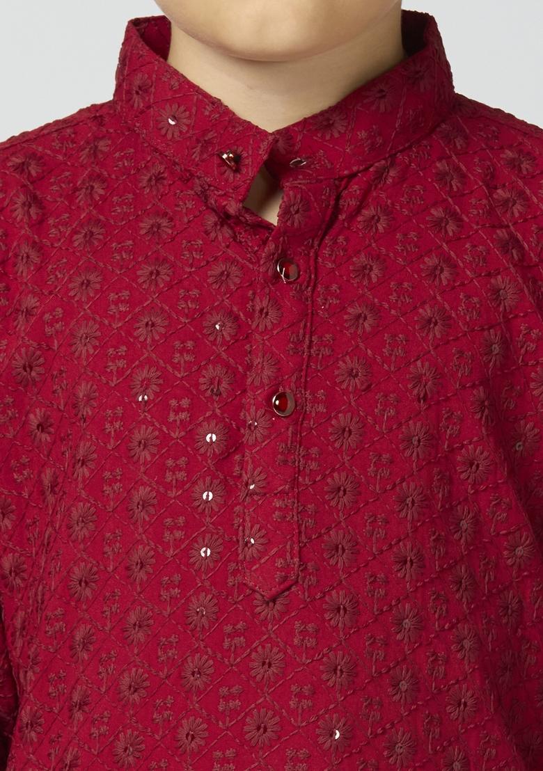 Maroon Embroidered Poly Cotton Kurta Set For Boy