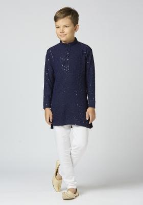 Navy Blue Embroidered Poly Cotton Kurta Set For Boy