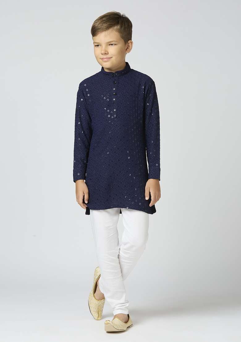Navy Blue Embroidered Poly Cotton Kurta Set For Boy - Indya