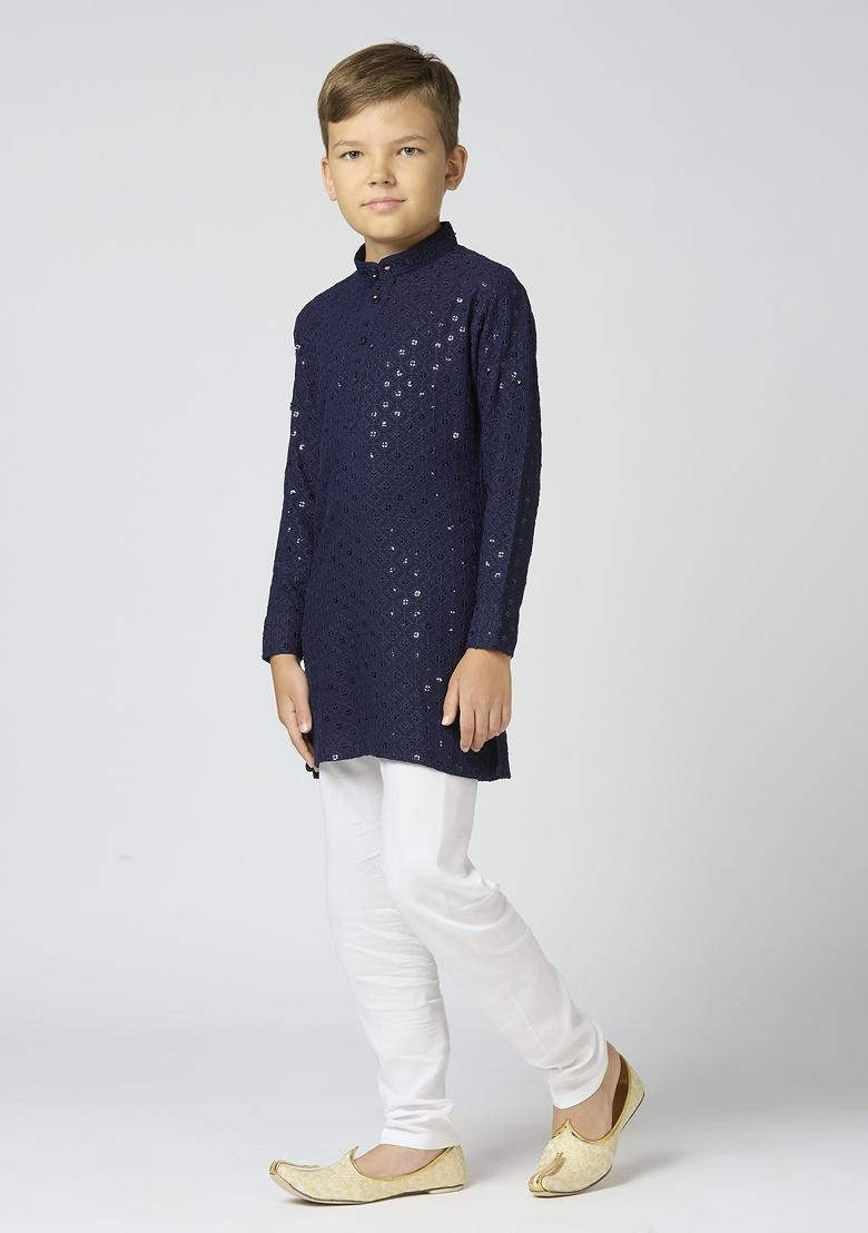 Navy Blue Embroidered Poly Cotton Kurta Set For Boy