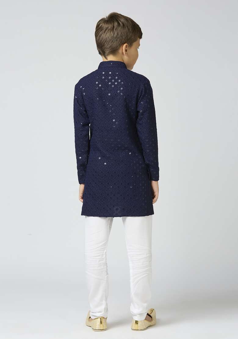 Navy Blue Embroidered Poly Cotton Kurta Set For Boy - Indya