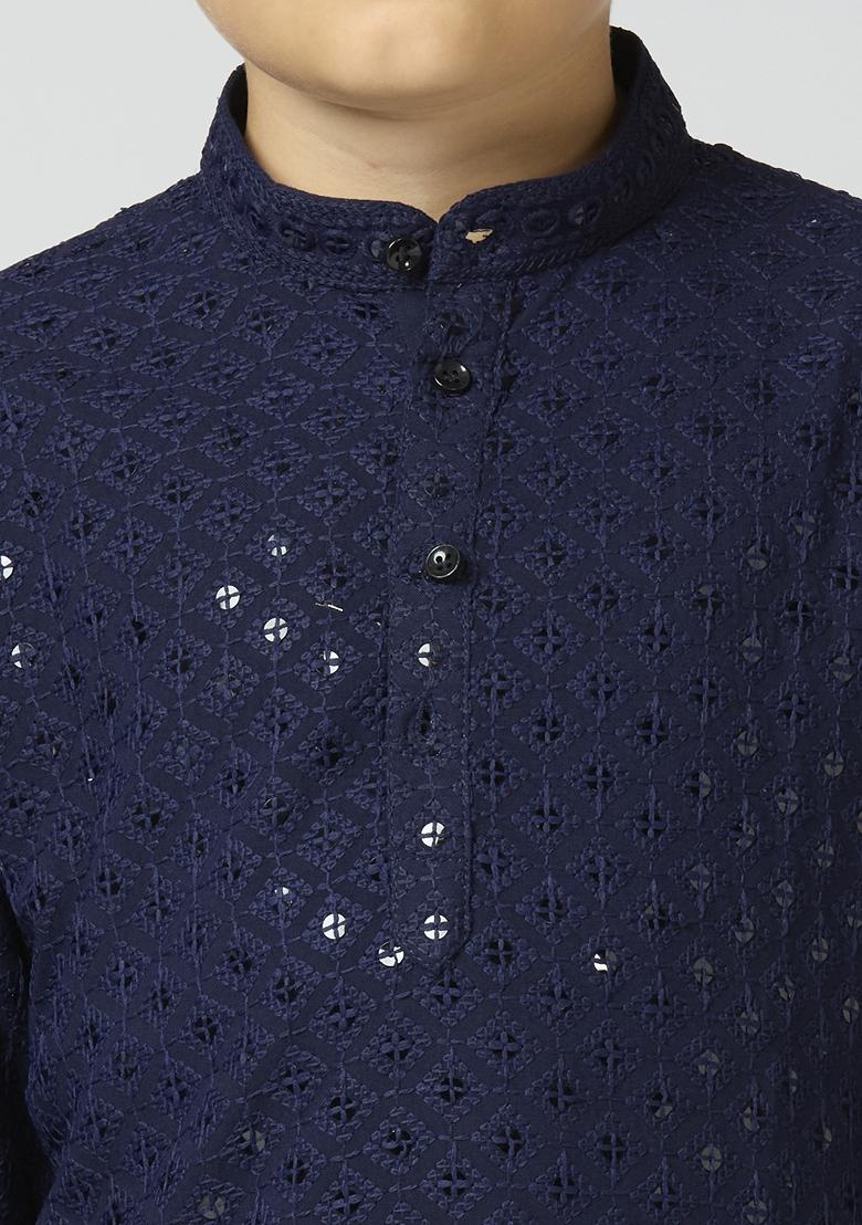 Navy Blue Embroidered Poly Cotton Kurta Set For Boy
