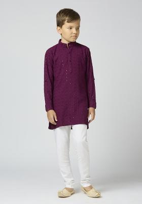 Wine Embroidered Poly Cotton Kurta Set For Boy