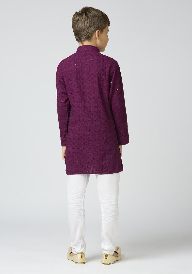 Wine Embroidered Poly Cotton Kurta Set For Boy