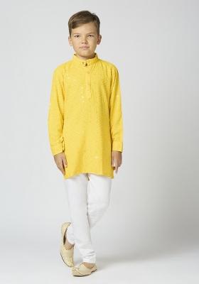 Yellow Embroidered Poly Cotton Kurta Set For Boy