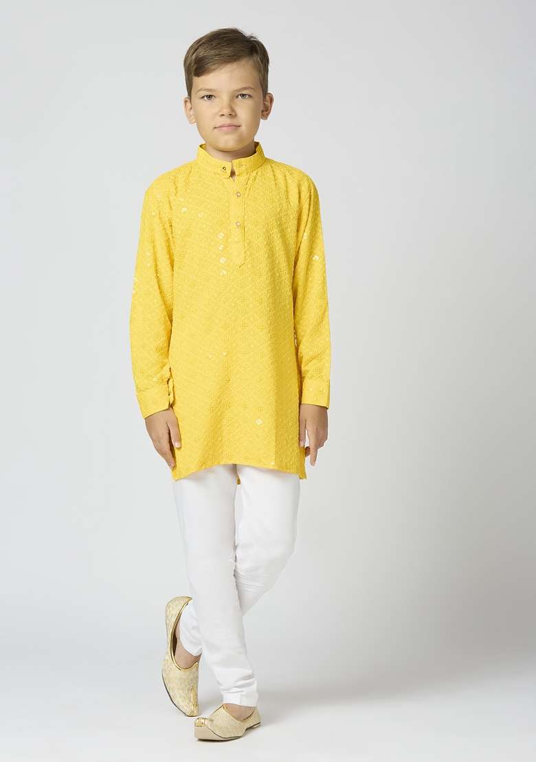 Yellow Embroidered Poly Cotton Kurta Set For Boy - Indya