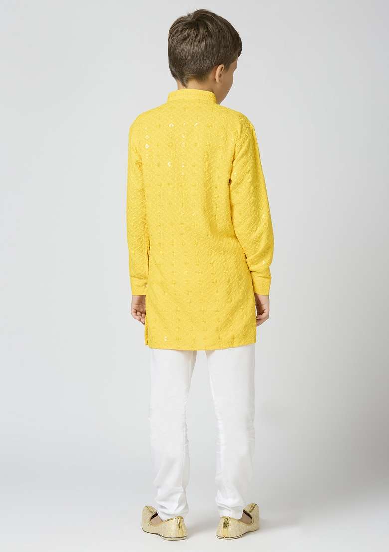 Yellow Embroidered Poly Cotton Kurta Set For Boy - Indya
