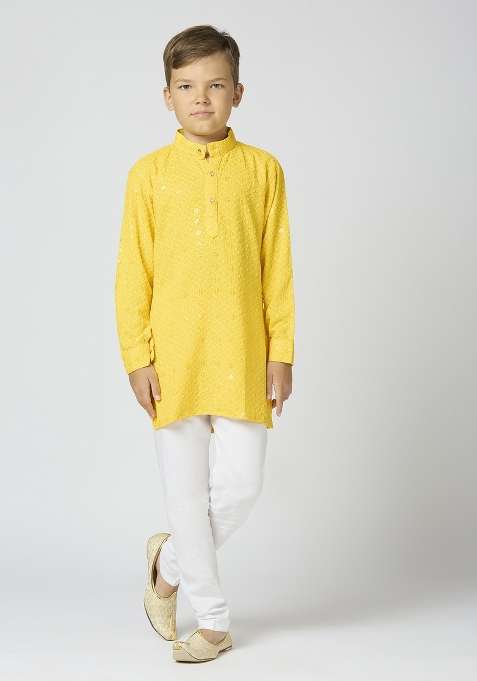 Yellow Embroidered Poly Cotton Kurta Set For Boy