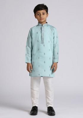 Teal Blue Embroidered Silk Blend Kurta Set For Boy