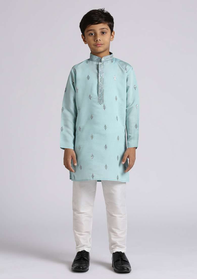 Teal Blue Embroidered Silk Blend Kurta Set For Boy - Indya
