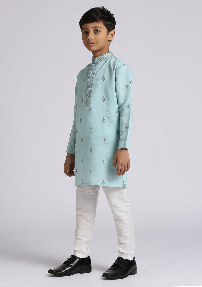 Teal Blue Embroidered Silk Blend Kurta Set For Boy
