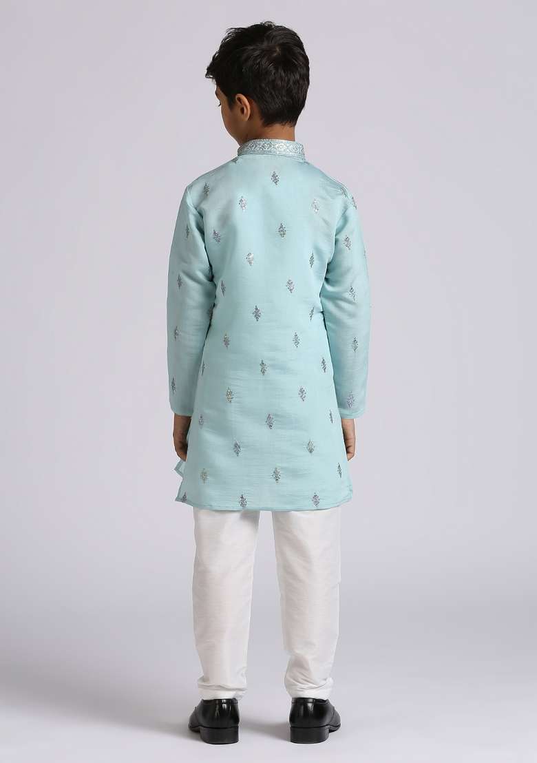 Teal Blue Embroidered Silk Blend Kurta Set For Boy - Indya