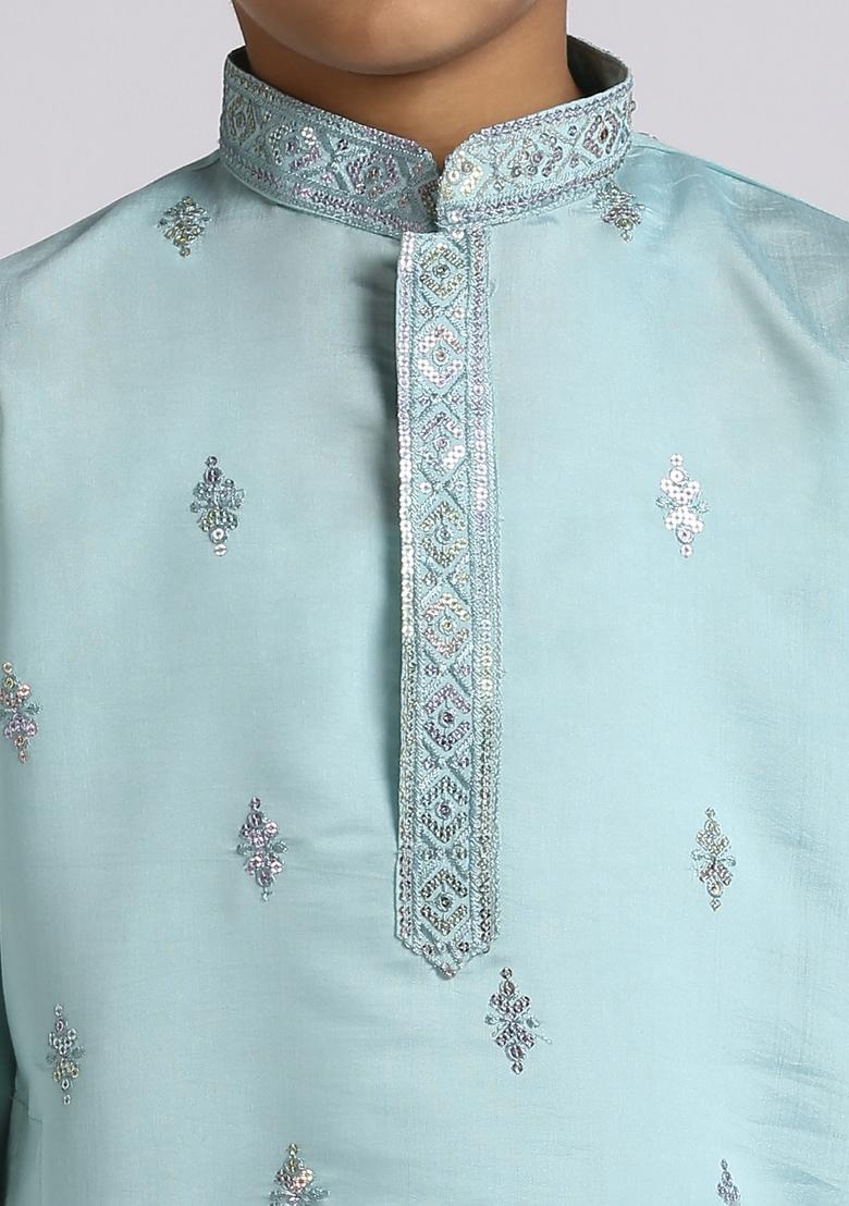Teal Blue Embroidered Silk Blend Kurta Set For Boy