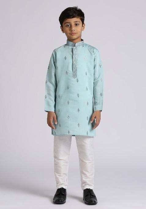 Teal Blue Embroidered Silk Blend Kurta Set For Boy