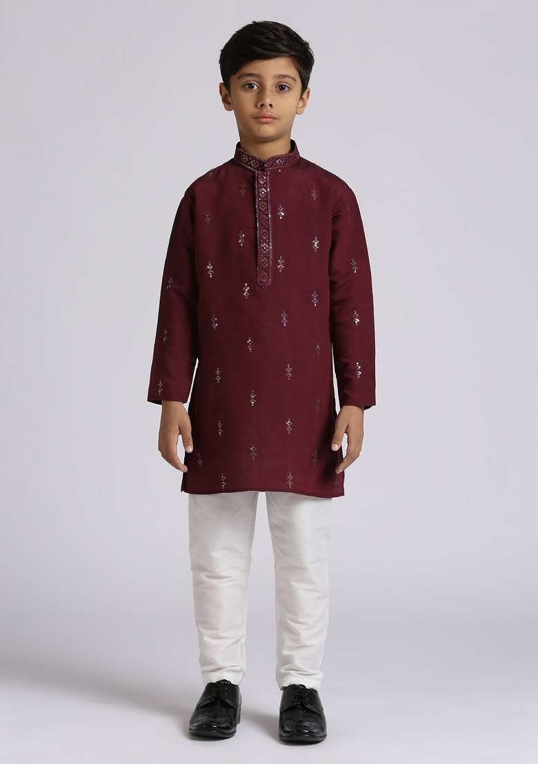 Wine Embroidered Silk Blend Kurta Set For Boy - Indya