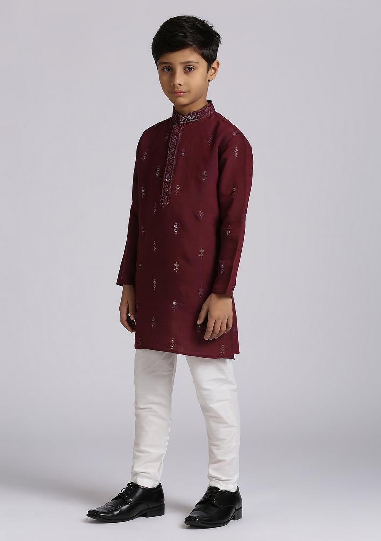 Wine Embroidered Silk Blend Kurta Set For Boy
