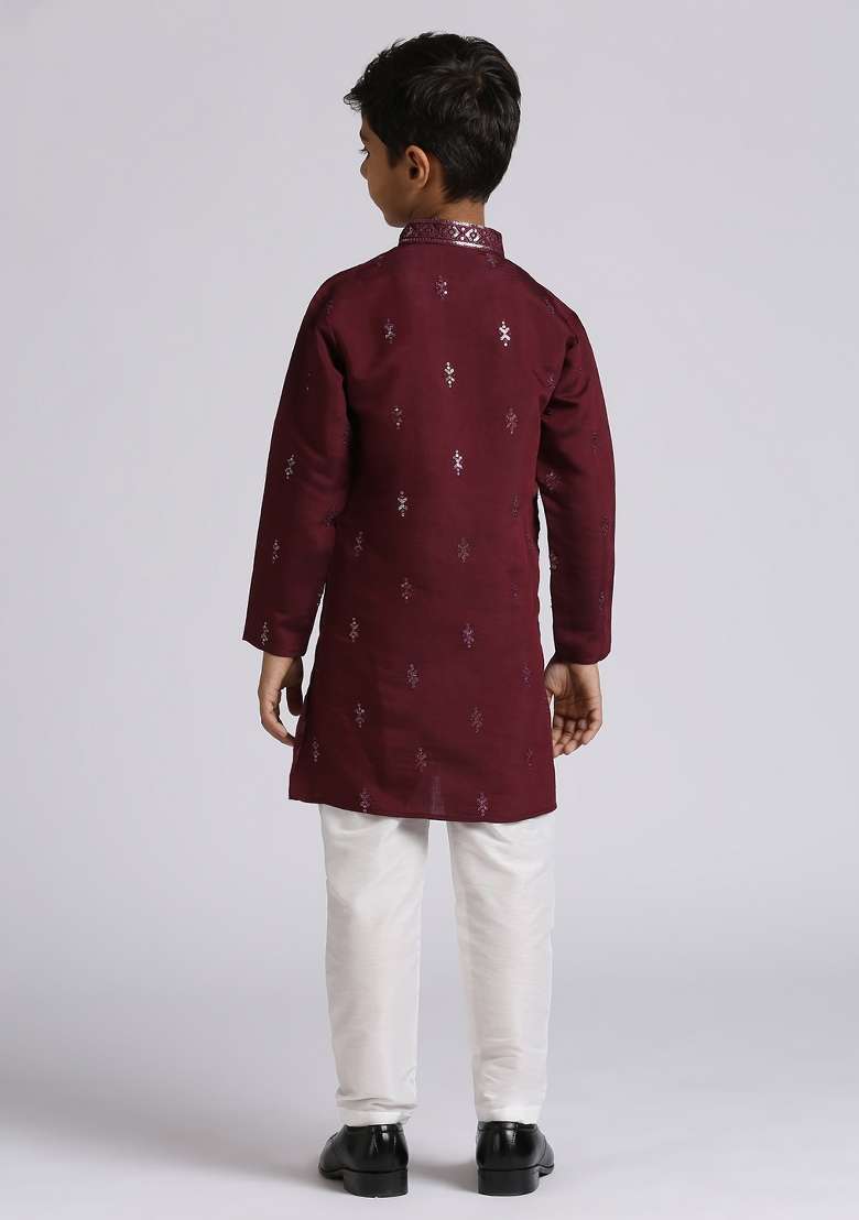 Wine Embroidered Silk Blend Kurta Set For Boy - Indya