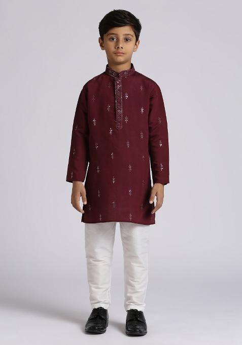 Wine Embroidered Silk Blend Kurta Set For Boy