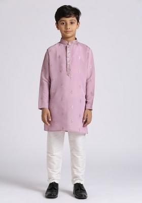 Purple Embroidered Silk Blend Kurta Set For Boy