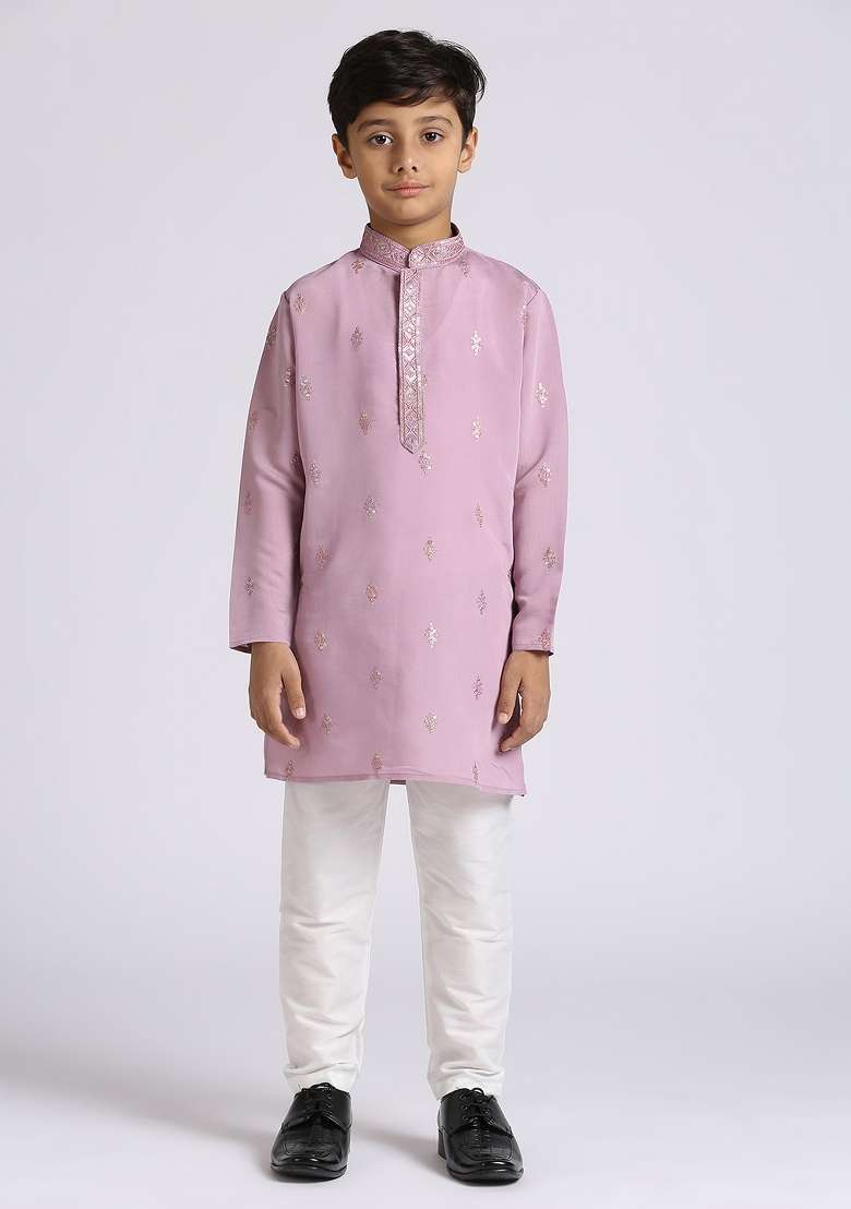 Purple Embroidered Silk Blend Kurta Set For Boy - Indya