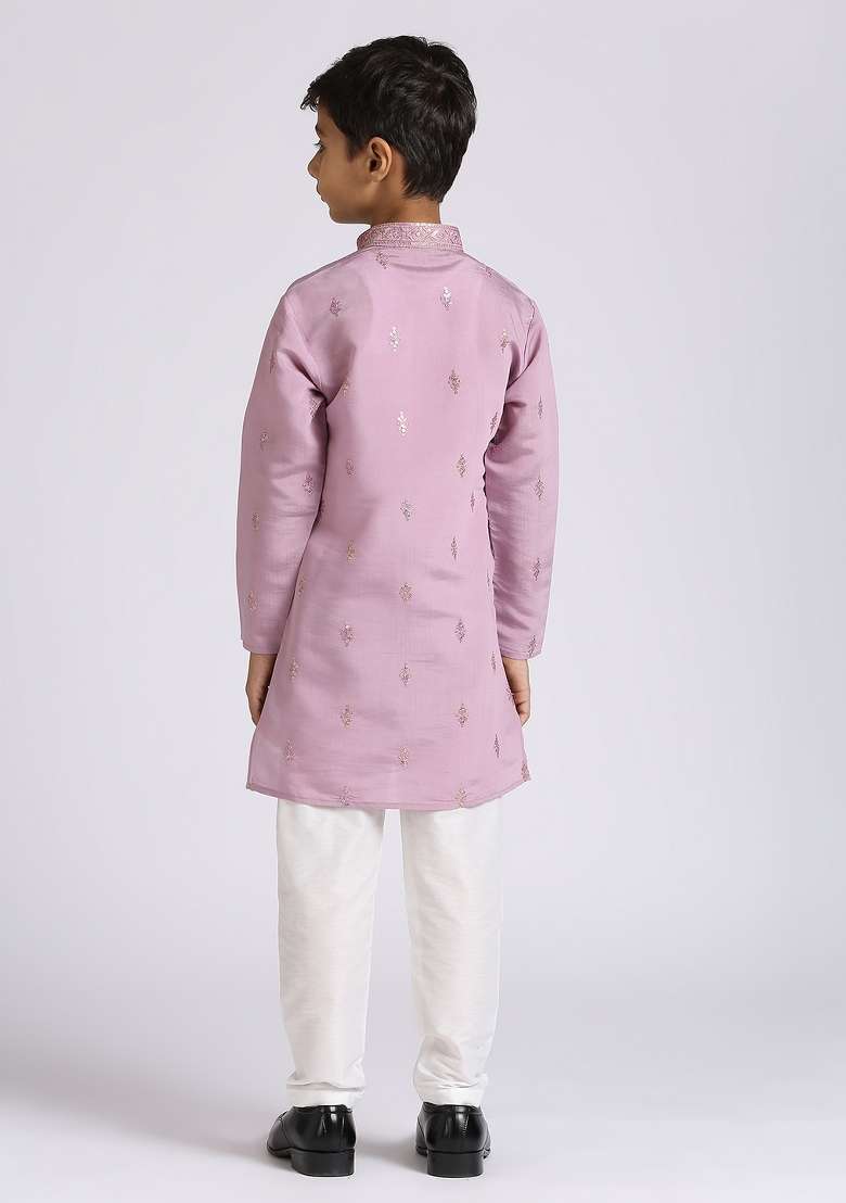 Purple Embroidered Silk Blend Kurta Set For Boy - Indya