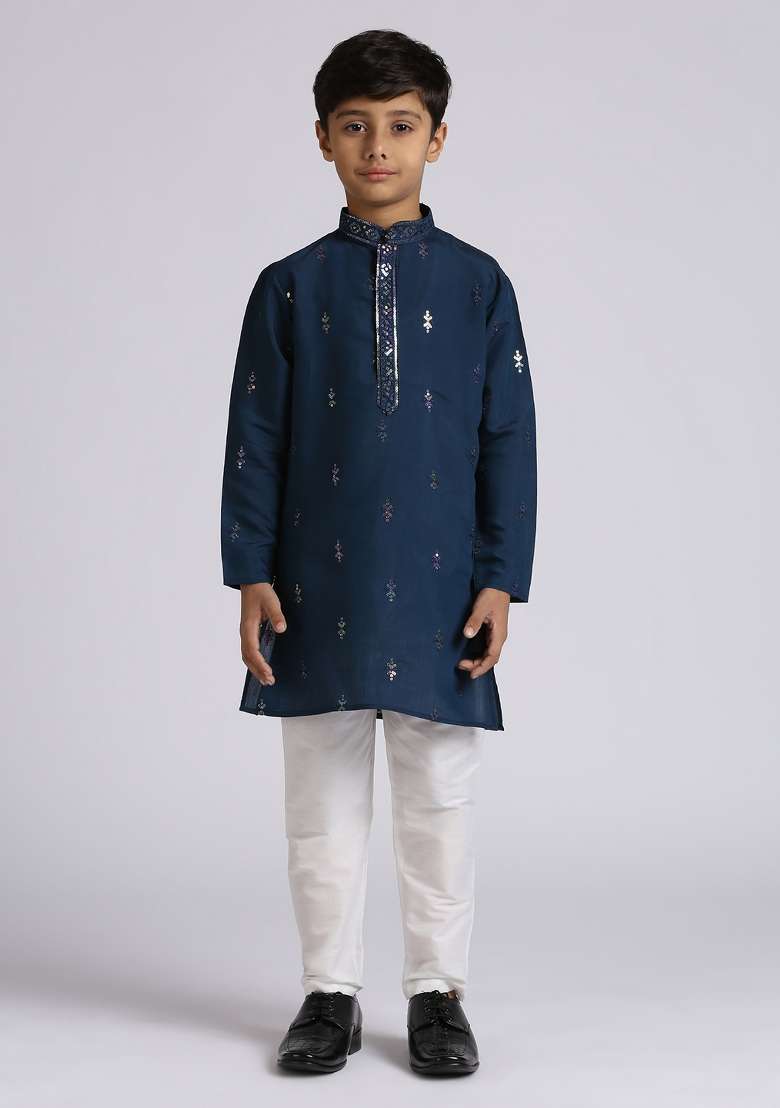 Blue Embroidered Silk Blend Kurta Set For Boy - Indya