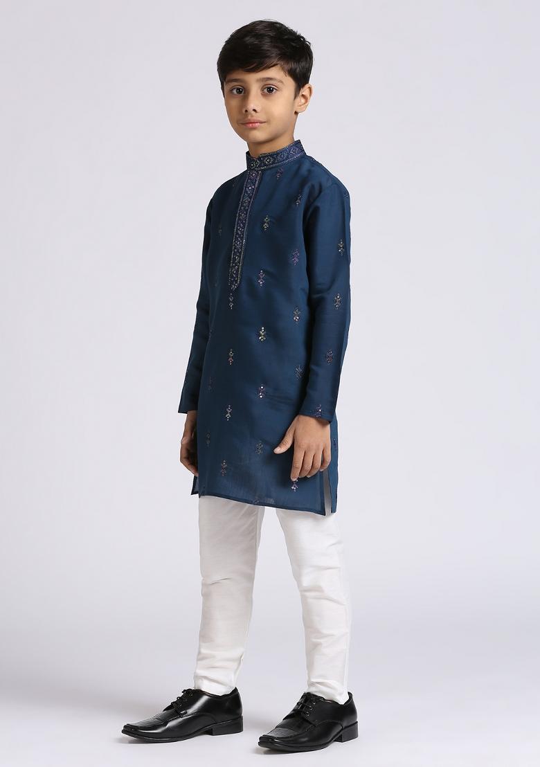 Blue Embroidered Silk Blend Kurta Set For Boy