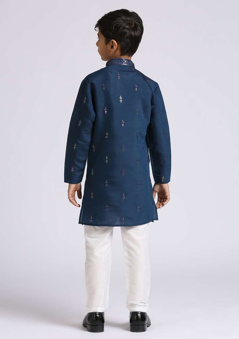 Blue Embroidered Silk Blend Kurta Set For Boy - Indya