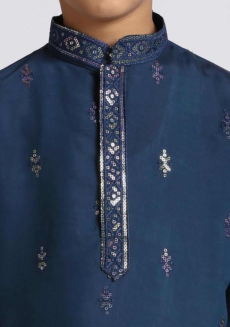 Blue Embroidered Silk Blend Kurta Set For Boy